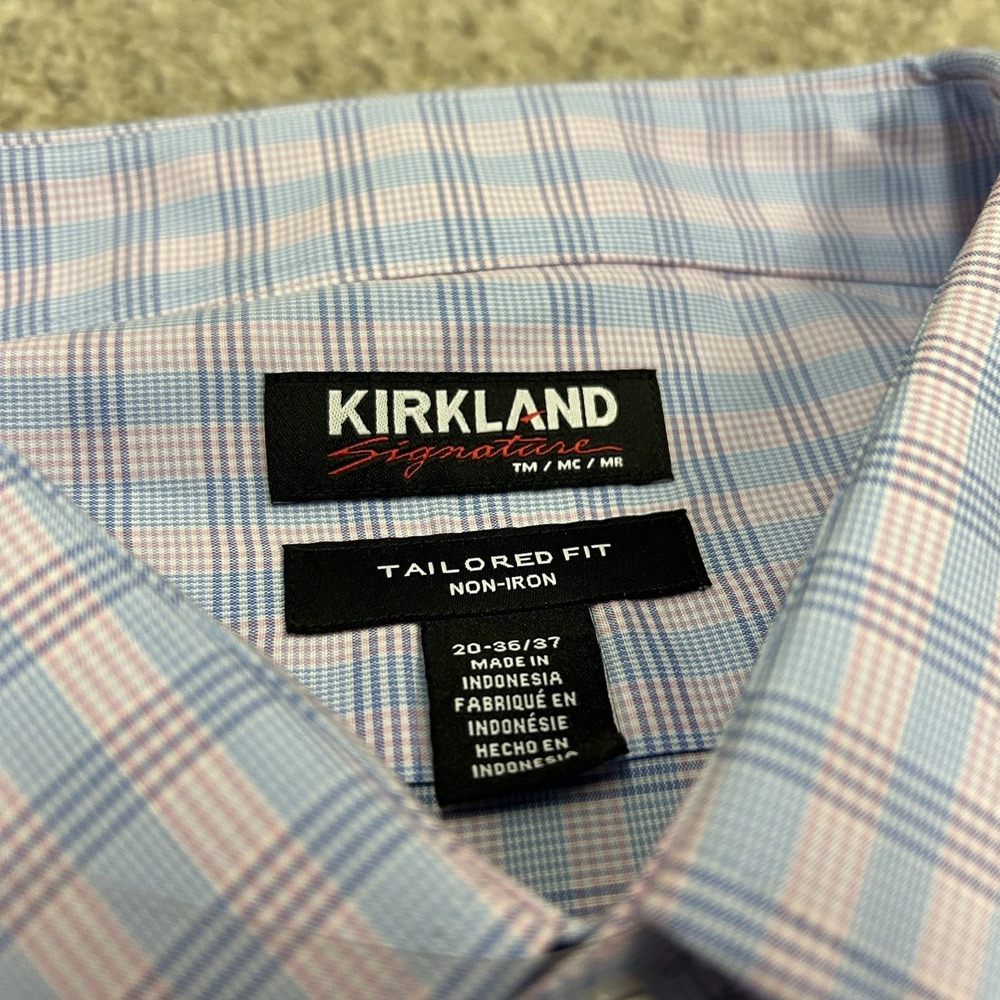 Kirkland Dress Shirt Mens 20 36/37 Tailored Fit Blue Pink Long Sleeve New - Picture 6 of 9